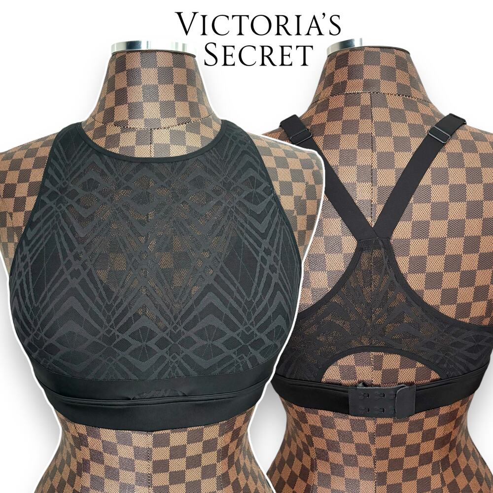 Victorias Secret On Point Bra 36B Black Sheer Athleisure Art Deco Sports Lounge